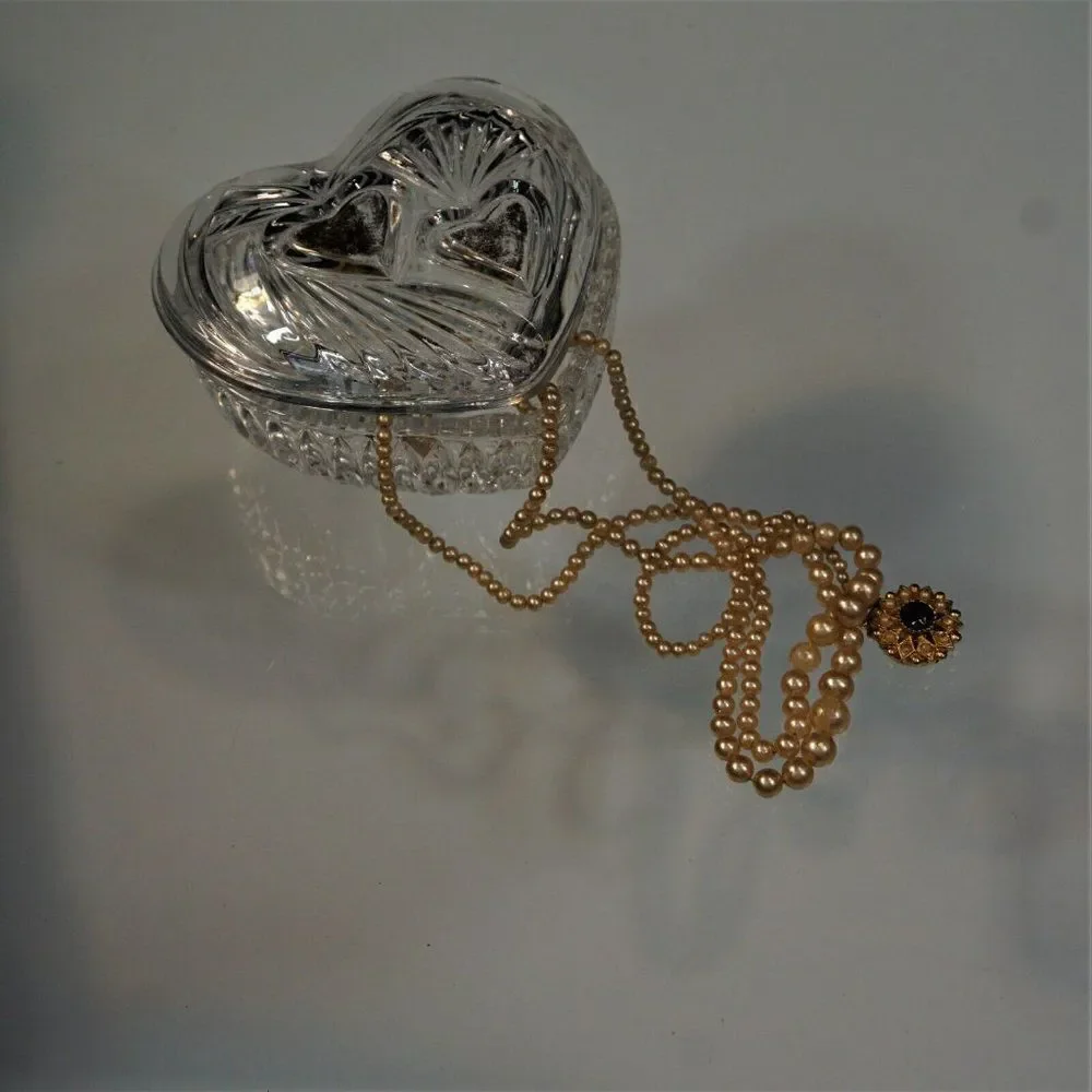 Vintage Trinket Dish Heart Shaped Starburst Crystal Cut Glass Jewelry Box